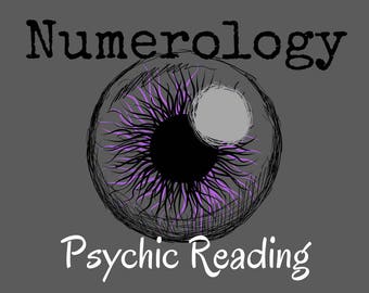 Puede incluir: Una ilustración estilizada en blanco y negro de un ojo con un iris morado. El texto "Numerology Psychic Reading" está escrito en blanco y negro.