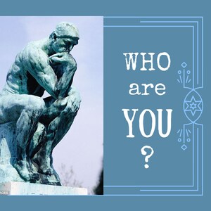 May include: A green bronze sculpture of a man sitting with his chin resting on his hand, looking thoughtful. The sculpture is in front of a blue background with the text "WHO are YOU?" in white.