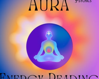 May include: A purple and blue circle with a white figure meditating in the center. The figure has a rainbow aura around their body. The text "AURA ENERGY READING" is at the bottom of the image. The text "THE EMERGENCY PSYCHICS" is at the top of the image.