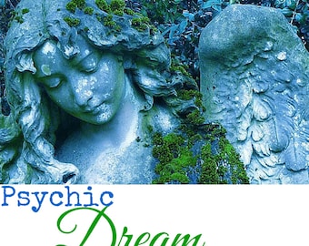 Puede incluir: Una escultura de piedra azul de un ángel con alas, cubierta de musgo, con el texto "Psychic Dream Reading" debajo.