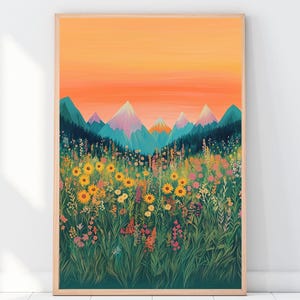 Wildflower Mountain Spring Landscape Print - Orange Sky Sunset Colorful Floral Flower Landscape Printable Wall Art - Digital Download