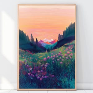 Wildflower Mountain Spring Landscape Painting Art Print - Orange Sky Sunset Floral Flower Landscape Printable Wall Art - Digital Download