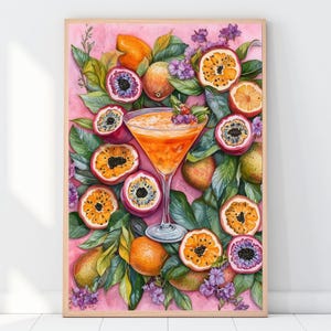 Printable Tropical Cocktail Fruit Watercolor Print - Alcohol Drink Bar Cart Decor - Vibrant Pink Kitchen Botanical Floral Wall Art Poster