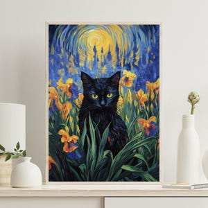 Vincent Van Gogh&#39;s Irises The Starry Night Cat Print - Van Gogh Cat Poster - Black Cat Art - Floral Printable Wall Art - Digital Download