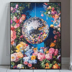Afdrukbare muurkunst - discobal maximalistische bloemenschilderij - levendige girly bloemenposter - trendy dopaminedecor - kleurrijke spiegelbolprint