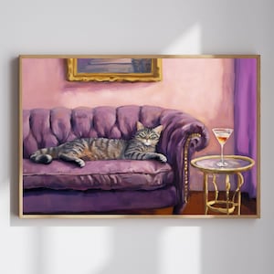 Graue Katze mit Martini Kunstdruck - Süßes, schrulliges, wunderliches - Cocktail Art Bar Warenkorb Dekor - Kunstdruck Geschenk - Trendige Wandkunst
