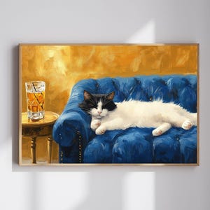 White Black Cat with Cocktail Art Print - Cute Quirky Whimsical - Cocktail Art Bar Cart Decor - Fine Art Print Gift - Trendy Home Wall Art