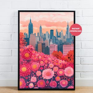 Botanical Floral Wall Art - Pink Flower Market Print - New York City Prints - Colorful Flower Market Cityscape Poster - NYC Wall Decor