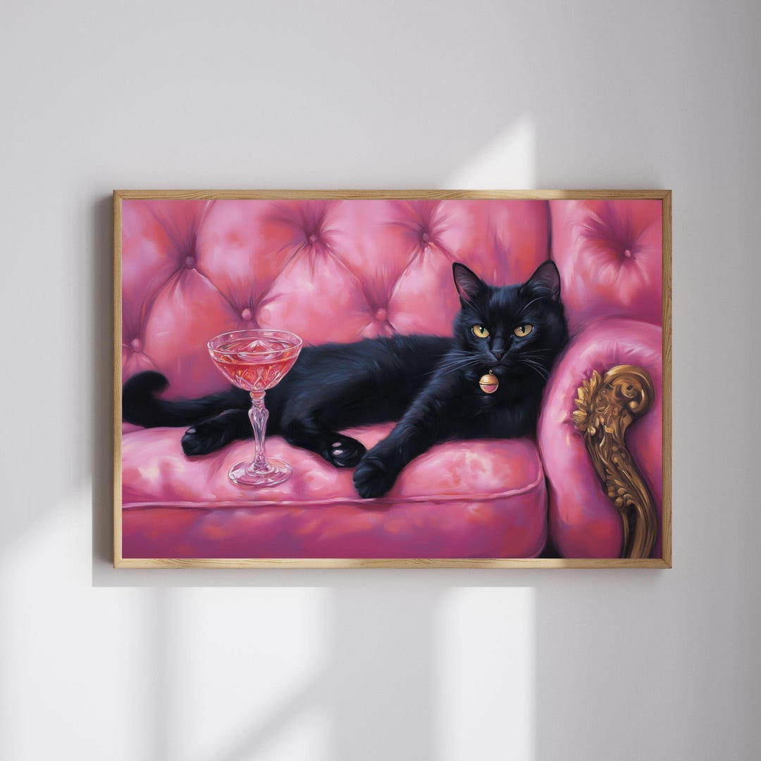 Black Cat Art Print - Pink Cocktail Wall Art Print - Whimsical ...