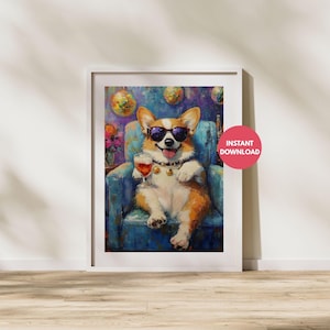 印刷可能なウォールアート - 犬のウォールアートプリント - コーギー犬の面白いプリント油絵 - バーカートドーパミン装飾 - 犬好きへのギフト - かわいいペットポスター