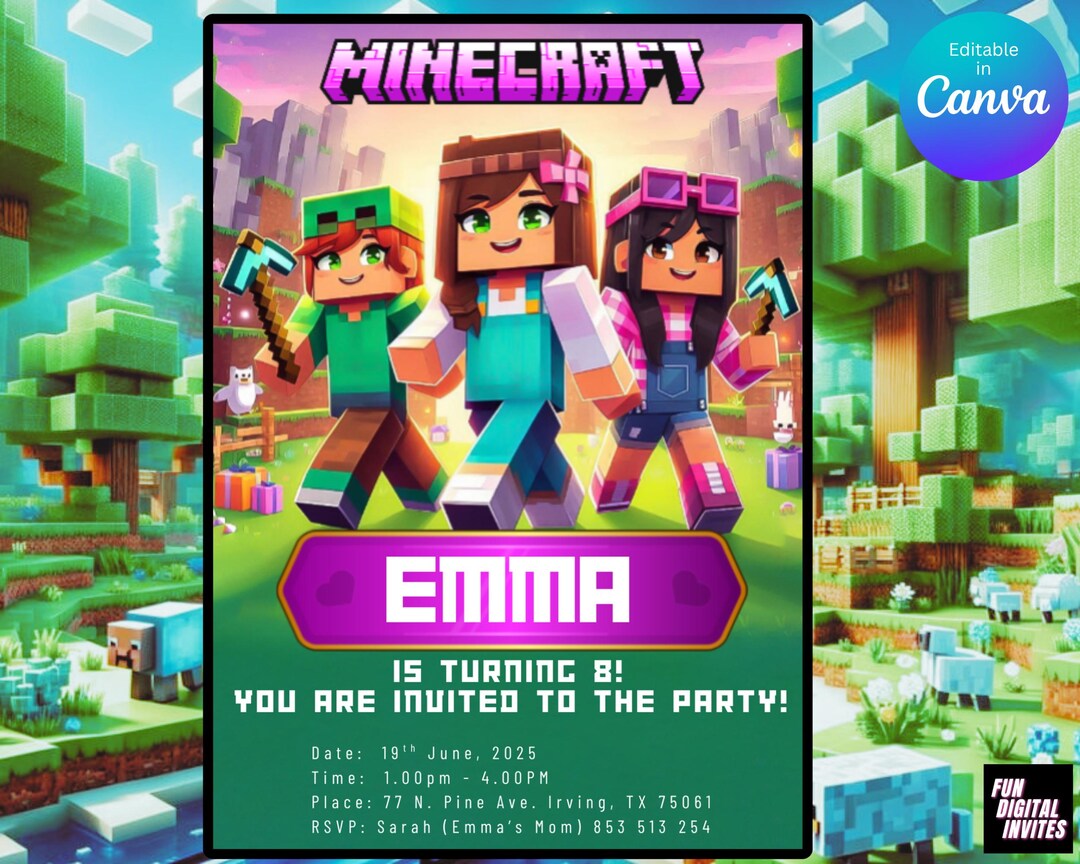 Editable Minecraft Birthday Invitation, Minecrafter Birthday, Girls ...