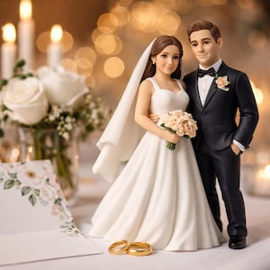 Anpassad realistisk bröllopstårtdekoration 3D-utskriven från foto — Personlig brudgumsfigur — Naturtrohetsparstatyett — Unik