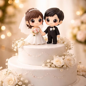 Individuell gestaltete Hochzeitstortenfigur, 3D-gedrucktes Brautpaar – Personalisierte Brautpaarfigur als Geschenk – Cartoon-Stil (Chibi) – Hochzeitsdekoration