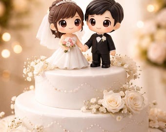 Custom Wedding Cake Topper 3D Printed Couple — Personalized Bride Groom Figurine Gift — Cartoon Style Chibi — Wedding Decoration