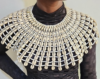 Cowrie Shell Bib Necklace: African Tribal Bohemian Jewelry