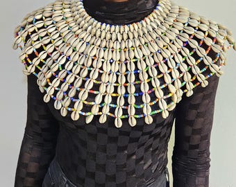 Cowrie Shell Bib Necklace: African Tribal Bohemian Jewelry, Multi coloured handmade necklace