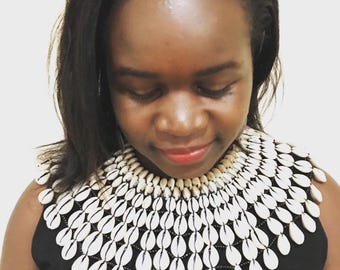 Cowrie Shell Bib Necklace: African Tribal Bohemian Jewelry