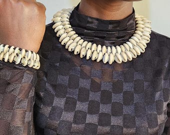 Cowrie Shell Choker Necklace & Bracelet Set: African Bohemian Jewelry