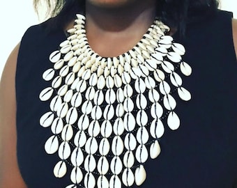 Cowrie Shell Bib Necklace: African Tribal Bohemian Jewelry