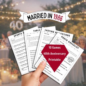 Bundel met 40-jarig jubileum partygames - getrouwd in 1986 trivia, ijsbrekers en souvenirs, interactieve activiteit Ruby Wedding, direct downloaden