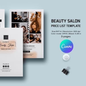 Beauty Salon Price List Template | Editable 5x7 PDF Canva + PSD | Hair Services Menu Card | Printable Price Sheet for Stylists