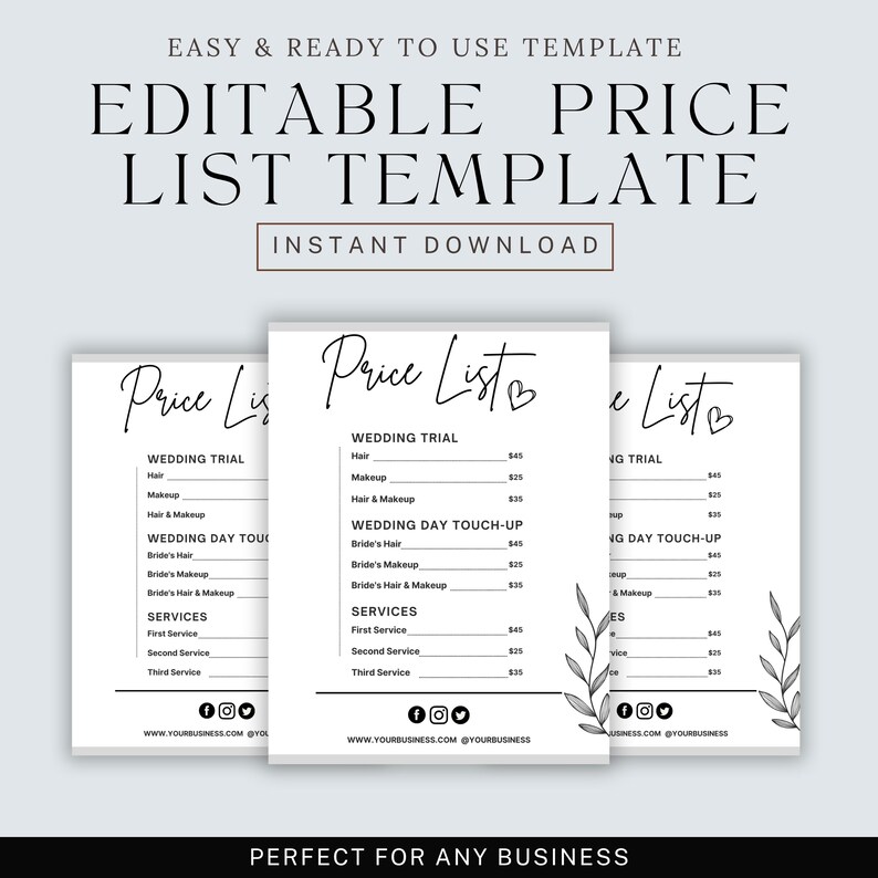 Price List Template PDF | Editable Brand Service Menu | Printable ...