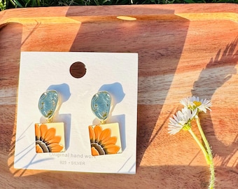 Sunflower Drop Earrings – Enamel Floral Dangle Earrings, Gold Finish, Vintage Style Jewellery