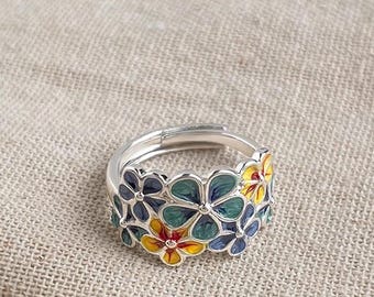 Adjustable Enamel Flower Ring – White Gold Plated Floral Statement Ring, Colorful Wide Band Ring, Gift for Her