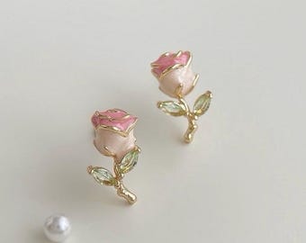 Dainty Pink Rose Stud Earrings with Green Zircon | Hand-Painted Enamel Floral Studs | Silver Plated Posts | Romantic Everyday Earrings