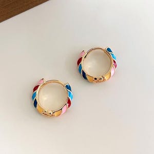 Colourful Hoop Earrings – Rainbow Enamel Mini Hoops – Vintage Statement Jewellery