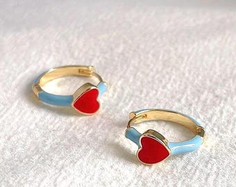 Red Heart Mini Hoop Earrings Sky Blue Enamel Hoops Cute Retro Style Huggie Earrings Colourful Everyday Jewellery