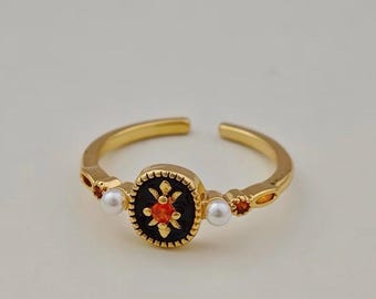 Golden Whispers Collection | Baroque Ember Ring - Black Enamel, Orange Gem & Pearl Adjustable Gold Ring