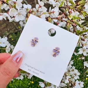 Lilac & Ivory Flower Stud Earrings, Minimal Gold Organic Earrings, Soft Purple Enamel Studs, Dainty Floral Earrings, Gift for Her image 6