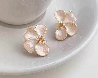 Cherry Blossom Stud Earrings, Blush Pink Enamel Flower Earrings, Delicate Gold Floral Studs with Zircon, Dainty Elegant Spring Earrings