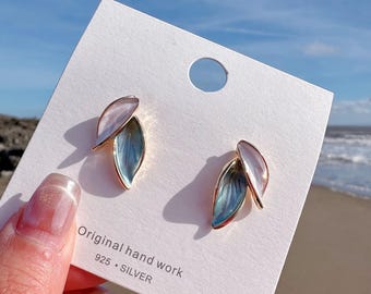 Pearlescent Blue Stud Earrings, Ocean Inspired Earrings, Iridescent Leaf Studs, Gold Enamel Earrings, Gift for Her