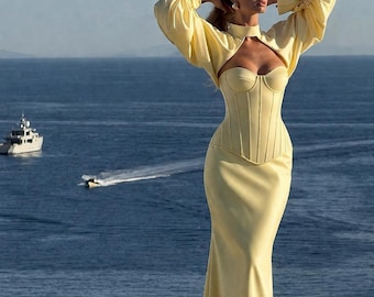 Butter Yellow Corset Mermaid Dress with Bolero Sleeves – Satin Evening Gown, Luxury Formal Dress, Wedding Guest Outfit