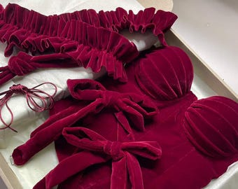 Corsé de terciopelo rojo sobre el busto, corsé con cordones en la espalda burdeos, pieza de moda burdeos, corsé ajustable para mujer, regalo romántico para novia, oferta navideña.
