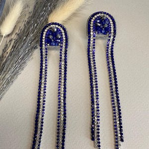 Blue crystal fringe earrings, Long dangle beaded earrings, Statement Blue and Silver Earrings, Ethnic Festival Jewelry, Boho chic gift