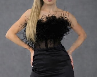 Zwart verenkorset, luxe satijnen bustier, gothic bruidscorsettop, elegant strapless avondkorset, glamoureuze feestoutfit