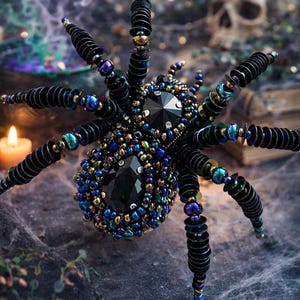 May include: A beaded spider with a black body and legs, adorned with iridescent blue, green, and gold beads. The spider features large, black gemstone accents. The background includes candles, a skull, and a cauldron, creating a Halloween theme.