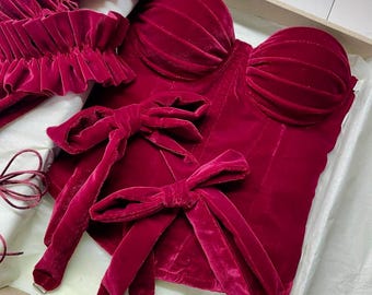 Red velour overbust corset, bordo back lace up corset, burgundy fashion piece, woman adjustable corset, romantic gf gift, Christmas sale