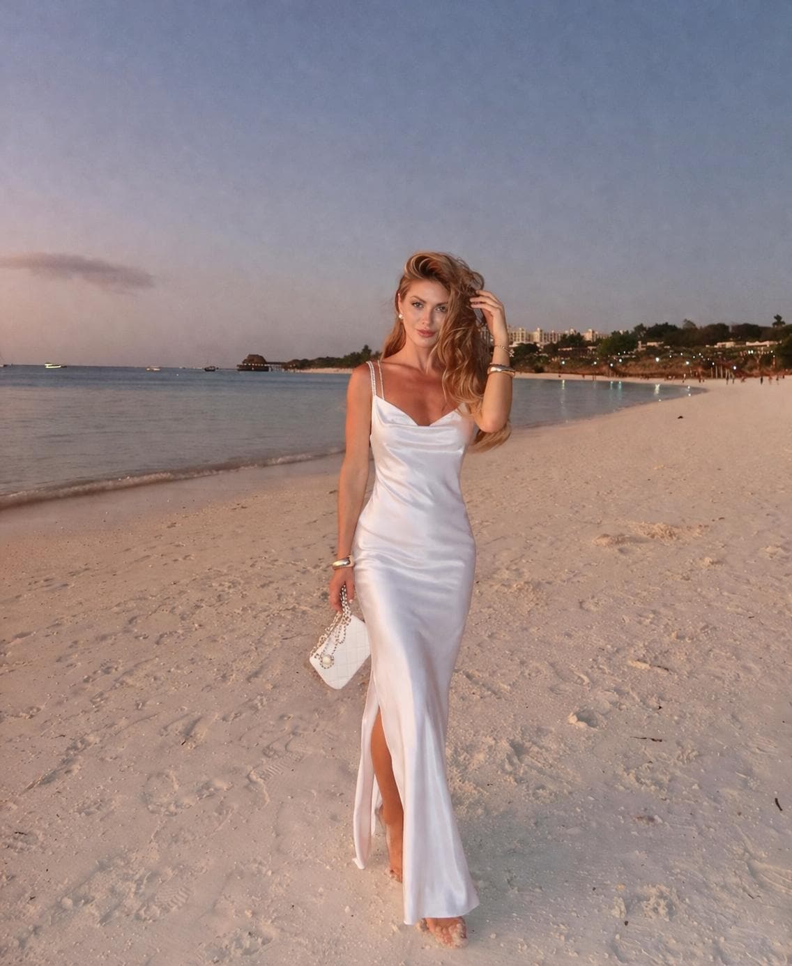 White Satin Slip Dress with Side Slit