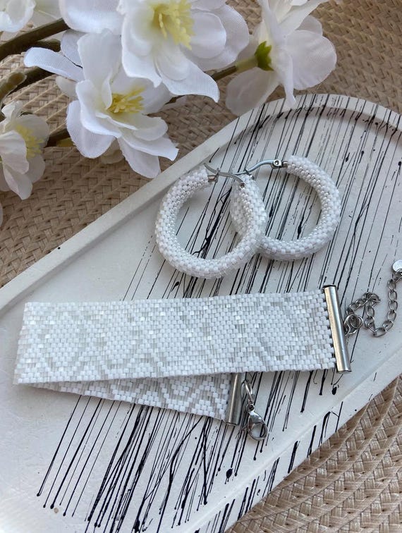 Beaded White and Gold Cuff Bracelet & Hoop Earring Set Pink Panache | Set of Three | Gold Tone Tube Bracelets with  main image 3