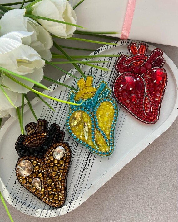 Anatomical Heart Pin, Red Heart Brooch, Beaded Heart Brooch, Red
