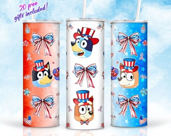 Coquette Bow Blue Dog 4th Of July 20oz Skinny Tumbler Sublimation Designs, USA Independence Day Tumbler, Digital Download