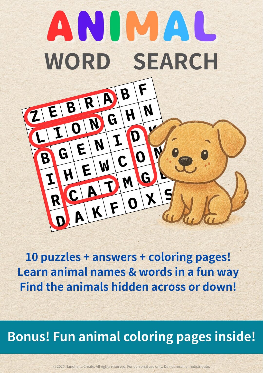 Animal Word Search Puzzle & Coloring Book for Kids (ages 5+) - Etsy