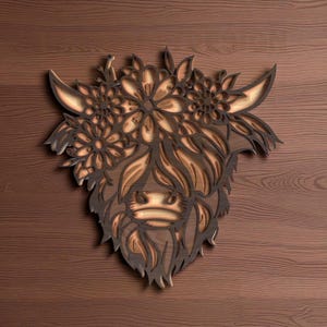 Floral Highland Cow SVG: Layered Laser Cut File, Farmhouse Wall Decor