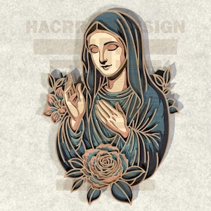 Maagd Maria bloemen SVG – meerlaagse lasergesneden religieuze wanddecoratie voor Glowforge & Cricut, lasergesneden svg, houtdecor svg,