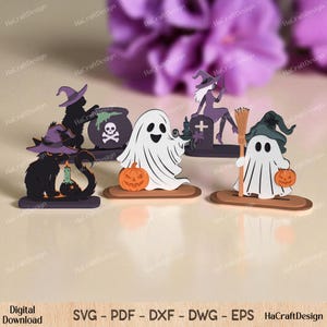 Halloween Ghost Witch Cat SVG Bundle: Laser Cut Table Decor (Digital Download