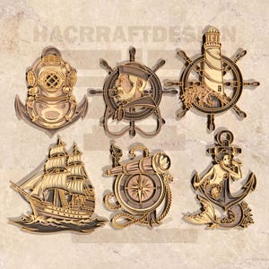 May include: Six wooden nautical-themed cutouts. The designs include a diving helmet, ship's wheel with a sailor, lighthouse, sailboat, compass with a telescope, and a mermaid on an anchor. The cutouts are in shades of brown and beige.